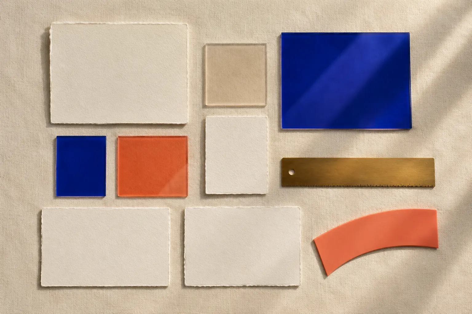Blank deckled cards, cobalt and coral swatches and a brass rule on cream linen